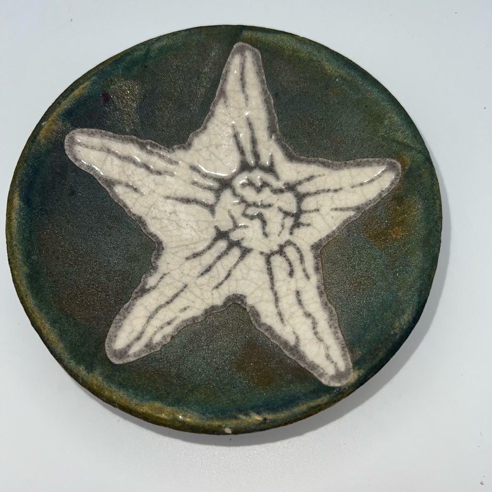 Jeremy Diller Raku Pottery Starfish Trinket Mahjong Dice Dish Plate Signed